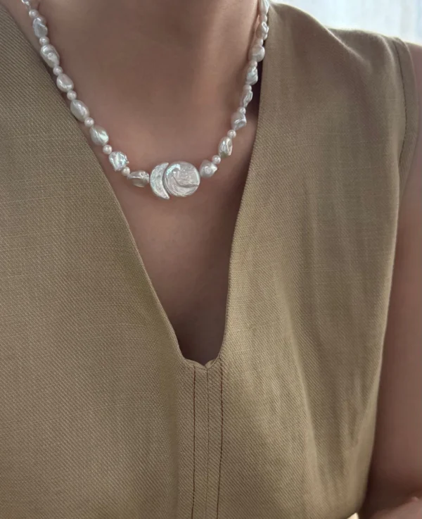 Sun & Moon Freshwater Pearl Necklace in S925 Sterling Silver