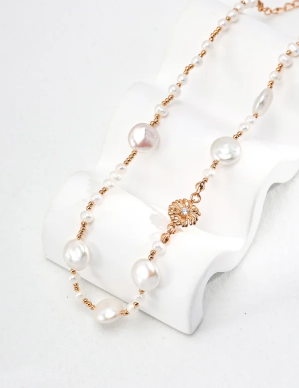D0493-29_6 Baroque Pearl Floral Pendant Necklace in antique gold finish on 925 silver chain
