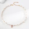 S925 Sterling Silver Natural Pearl Necklace with Pink Zircon, Vintage Gold Plated Adjustable Choker