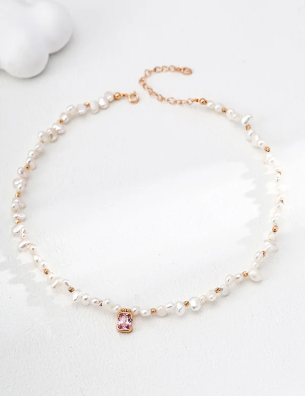 S925 Sterling Silver Natural Pearl Necklace with Pink Zircon, Vintage Gold Plated Adjustable Choker