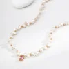 S925 Sterling Silver Natural Pearl Necklace with Pink Zircon, Vintage Gold Plated Adjustable Choker