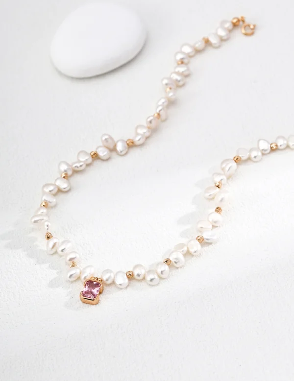 S925 Sterling Silver Natural Pearl Necklace with Pink Zircon, Vintage Gold Plated Adjustable Choker