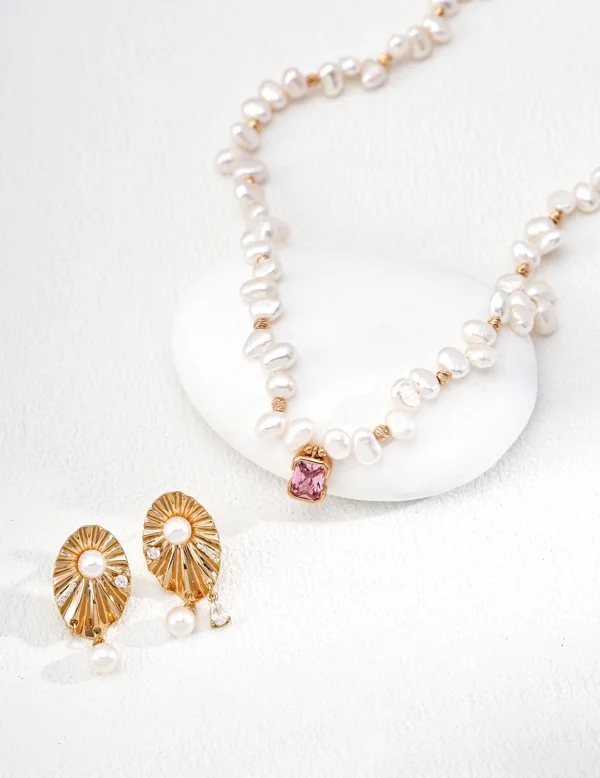 S925 Sterling Silver Natural Pearl Necklace with Pink Zircon, Vintage Gold Plated Adjustable Choker