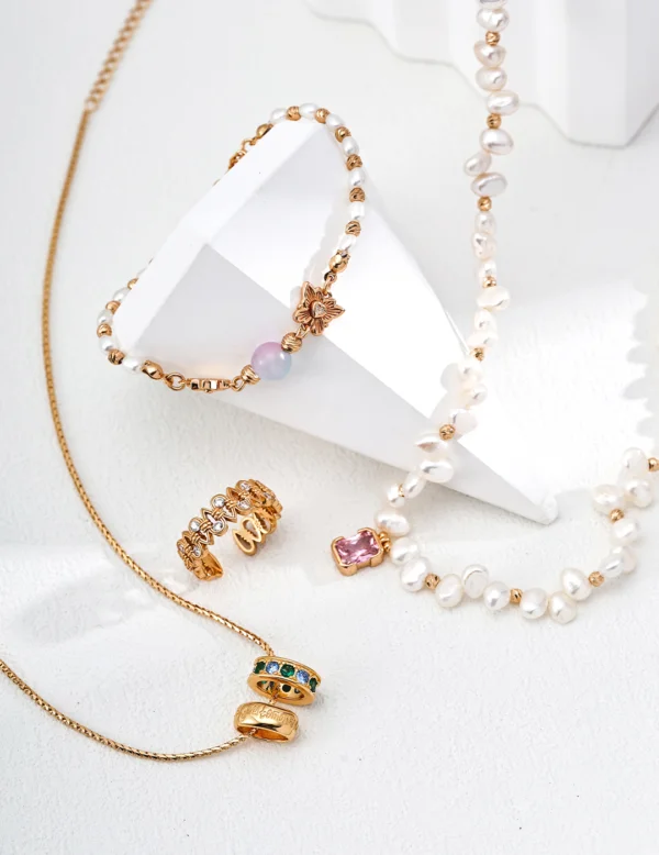 S925 Sterling Silver Natural Pearl Necklace with Pink Zircon, Vintage Gold Plated Adjustable Choker