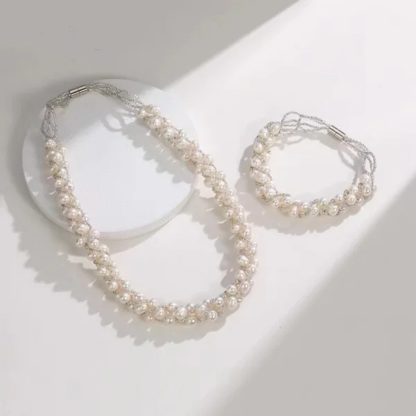 S004-05 White Freshwater Pearl Twist Braided Necklace & Bracelet (Purchase Individually)