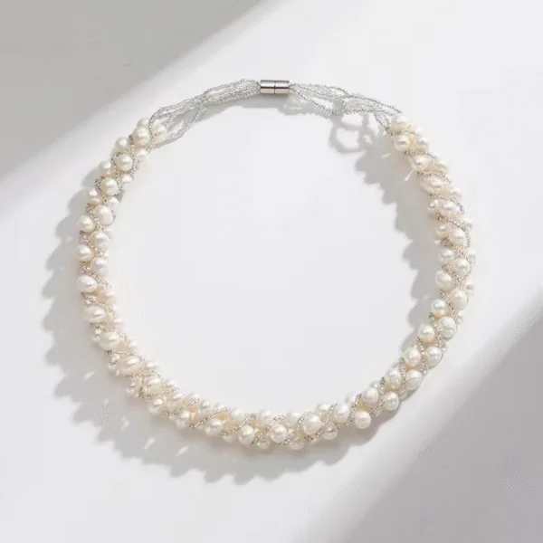 S004-06 White Freshwater Pearl Twist Braided Necklace & Bracelet (Purchase Individually)