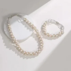 SKU-01-S004 White Freshwater Pearl Twist Braided Necklace & Bracelet (Purchase Individually)