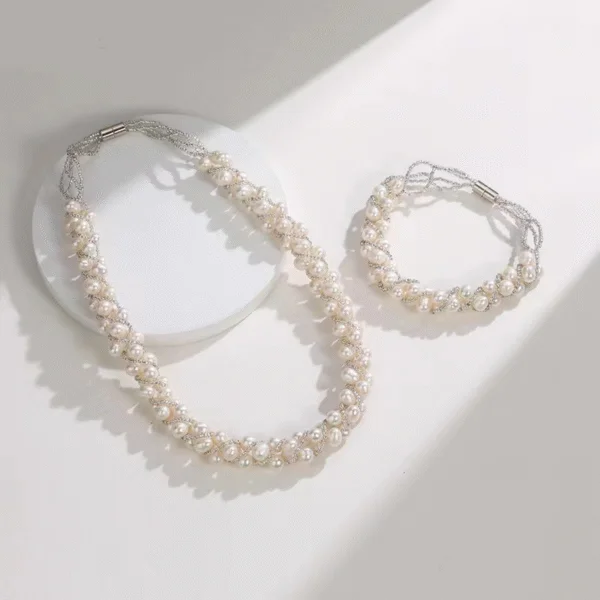 SKU-01-S004 White Freshwater Pearl Twist Braided Necklace & Bracelet (Purchase Individually)