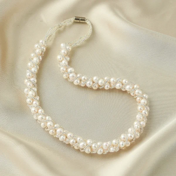 SKU-03-S004 White Freshwater Pearl Twist Braided Necklace & Bracelet (Purchase Individually)