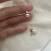 Dainty double freshwater pearl stud earrings for women with minimalist gold filled design