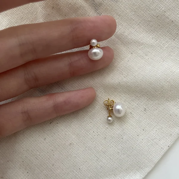Dainty double freshwater pearl stud earrings for women with minimalist gold filled design