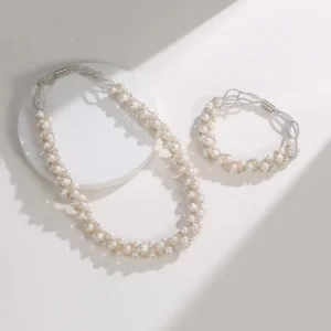 white freshwater pearl twist braided necklace and bracelet with magnetic clasp