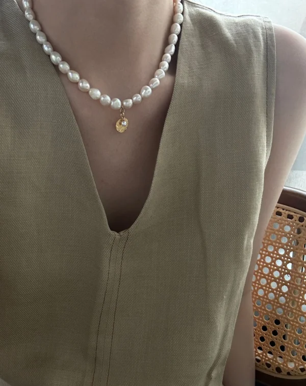 boho freshwater pearl bead necklace with gold coin pendant, recycled metal, adjustable 42 cm