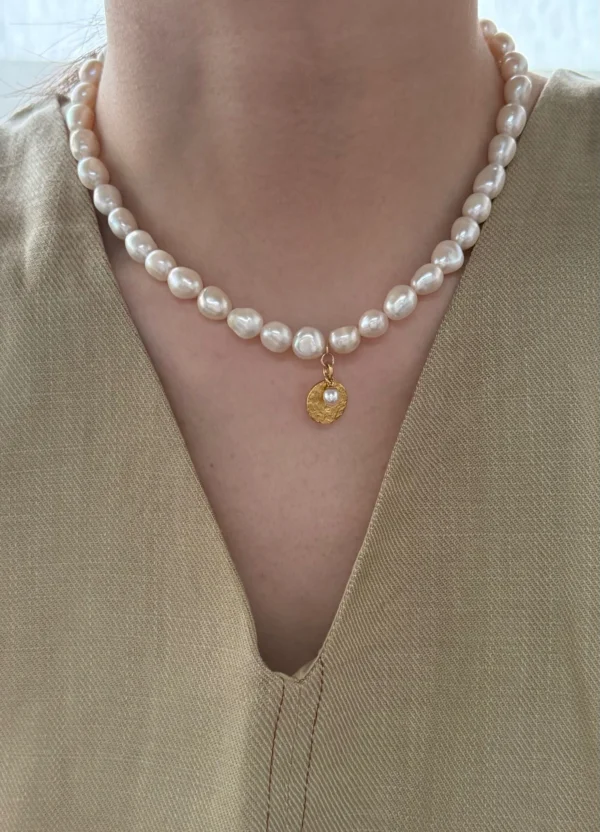 freshwater druzy rosebud pearl beaded necklace with gold coin charm, adjustable 42 cm, on neck