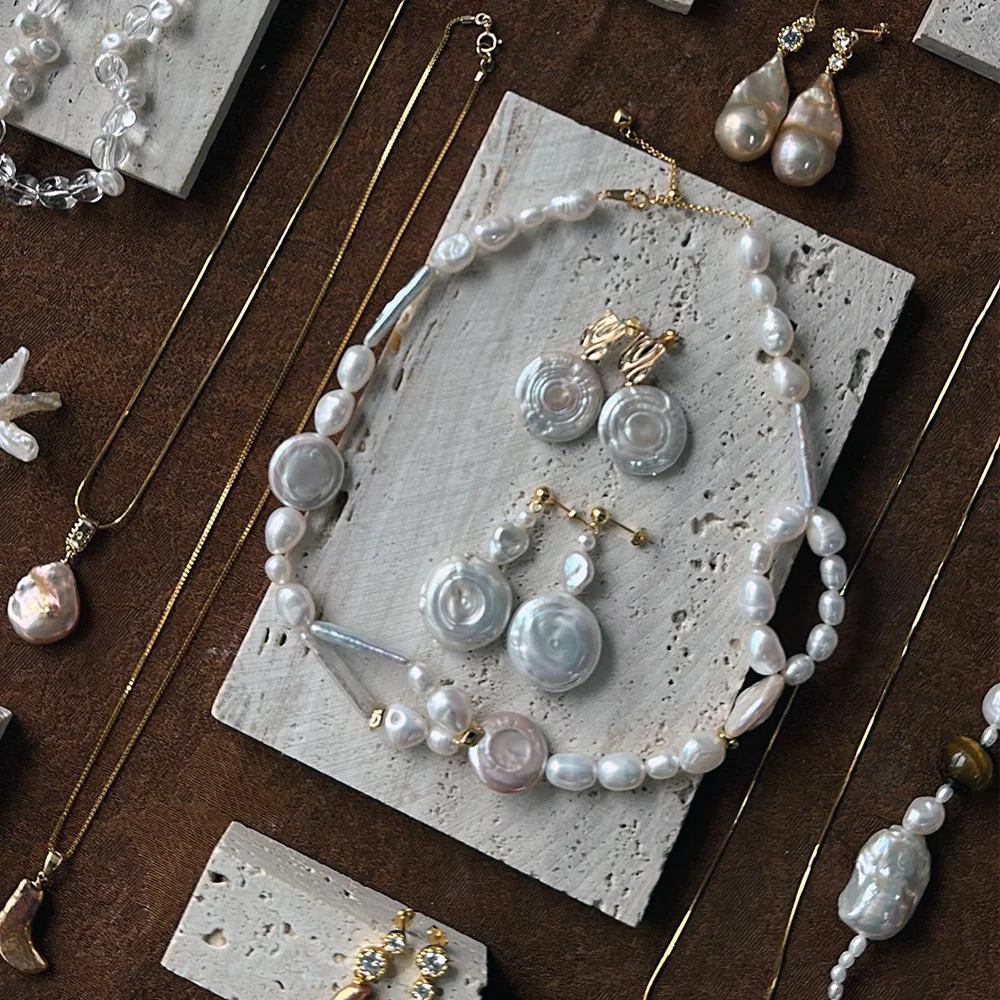 Baroque pearl jewelry styled with a modern outfit