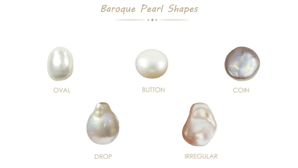 Baroque pearl shapes guide showing oval rice button teardrop and freeform pearls