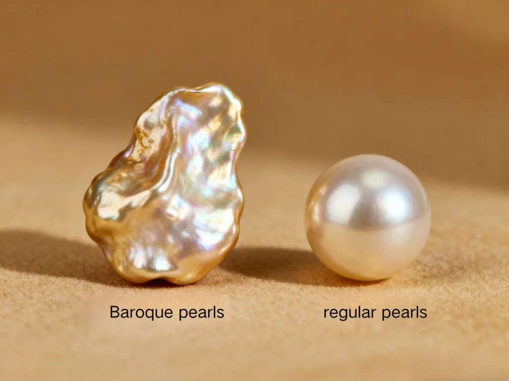 Baroque pearls vs regular pearls comparison showing irregular and round pearl shapes