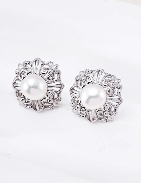 pearl stud earrings S925 silver platinum Pearl stud earrings with natural pearls and platinum-tone S925 sterling silver filigree design