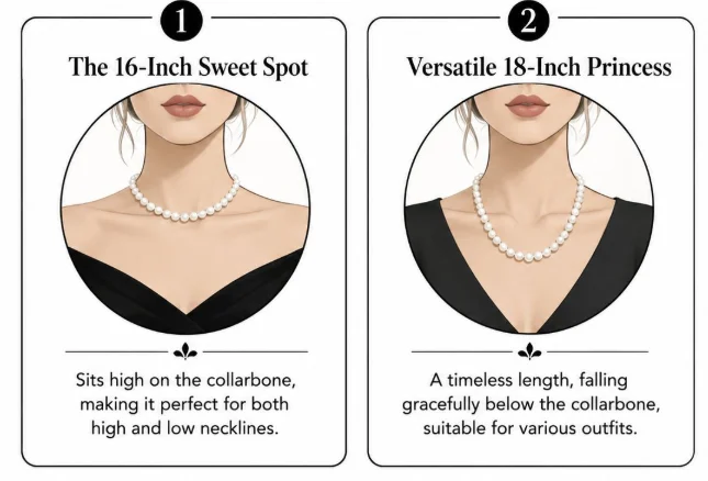 Illustration comparing a 16-inch pearl necklace sitting near the collarbone with an 18-inch princess-length pearl necklace