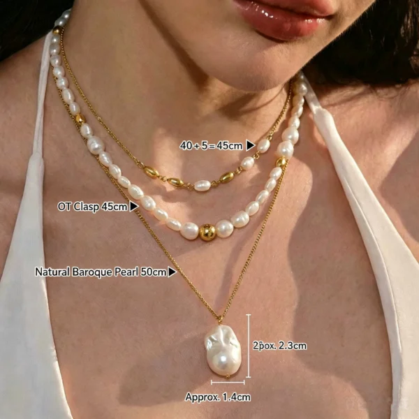 Three layered freshwater pearl necklaces featuring a pearl chain, a toggle clasp pearl necklace, and a large baroque pearl pendant
