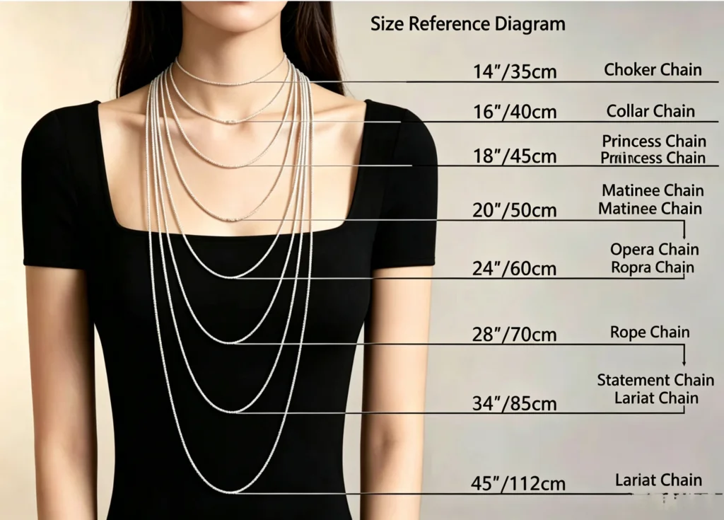 Pearl necklace length guide showing common necklace lengths from 14 to 45 inches on a model
