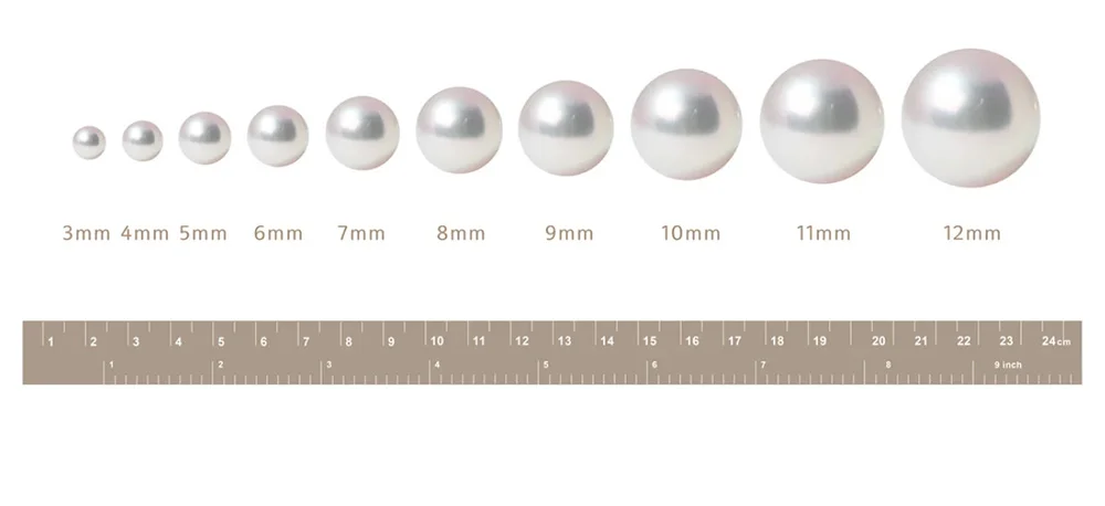 Pearl size comparison chart showing pearls from 3mm to 12mm with a centimeter rulerCaption: Pearl size comparison from 3mm to 12mm.