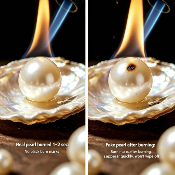 Burn test comparison showing how a real freshwater pearl and a fake pearl react to short heat exposure