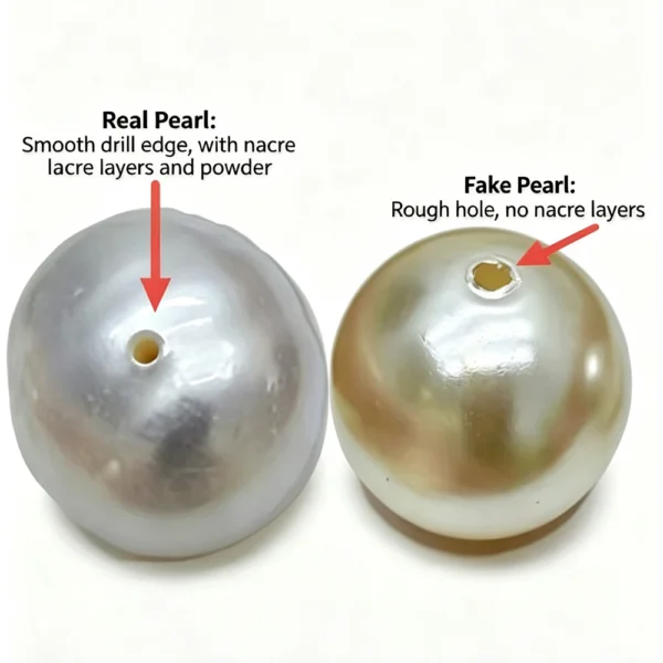 Drill hole comparison showing nacre layers in a real freshwater pearl and a rough hole in a fake pearl