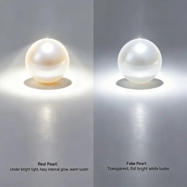 Light test comparison showing a real freshwater pearl with a soft inner glow and a fake pearl with flat white transparency