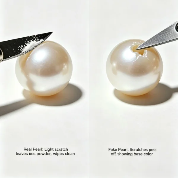 Scratch test comparison showing a real freshwater pearl producing fine powder and a fake pearl peeling coating