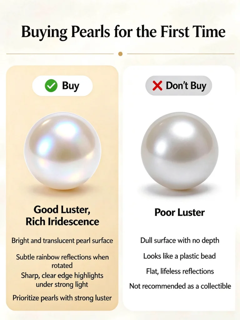 Comparison of freshwater pearls with good luster and poor luster for first-time pearl buyers