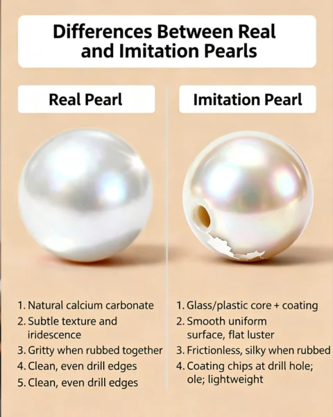 Comparison of a real freshwater pearl and an imitation pearl