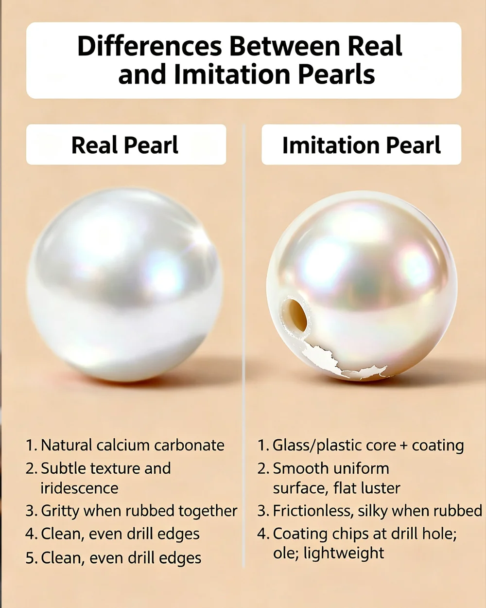 Comparison of a real freshwater pearl and an imitation pearl