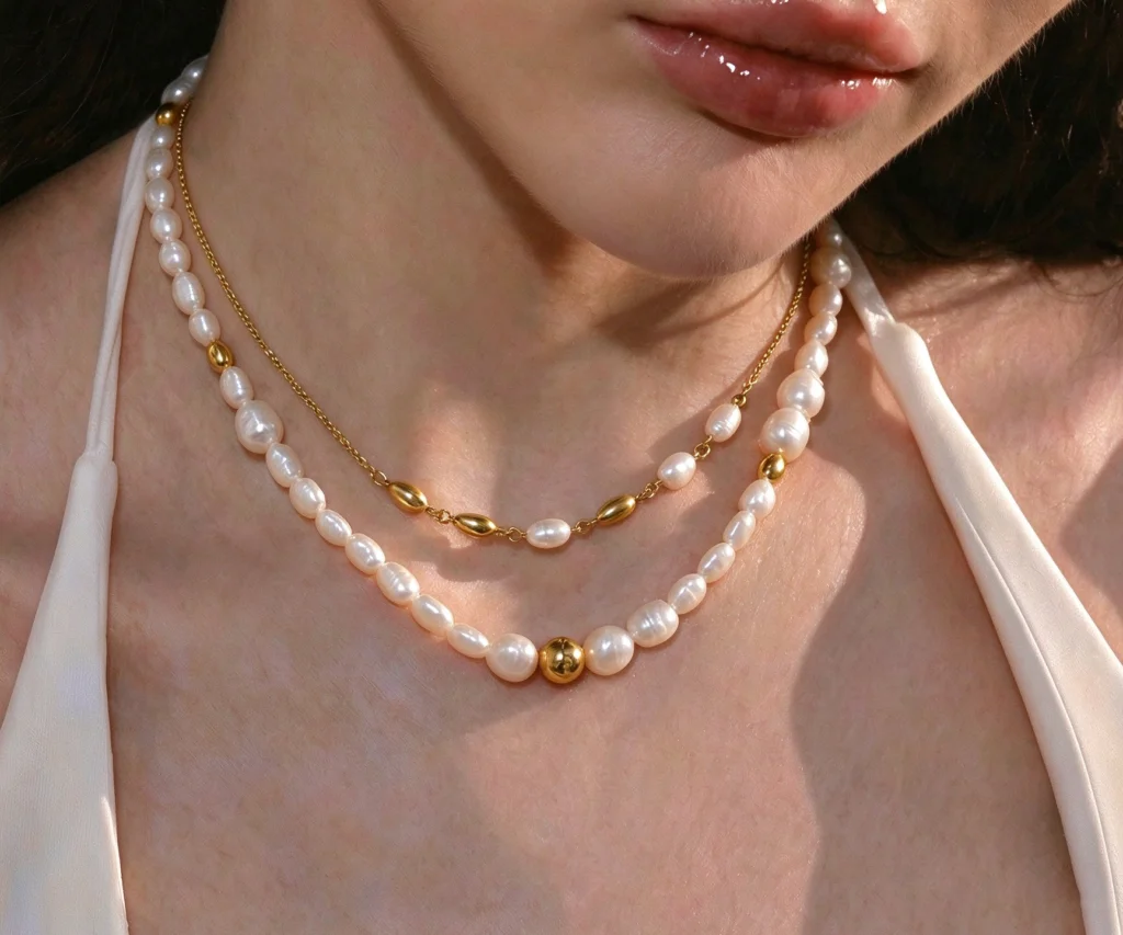 Close-up of layered pearl necklaces with gold accents worn over a white top