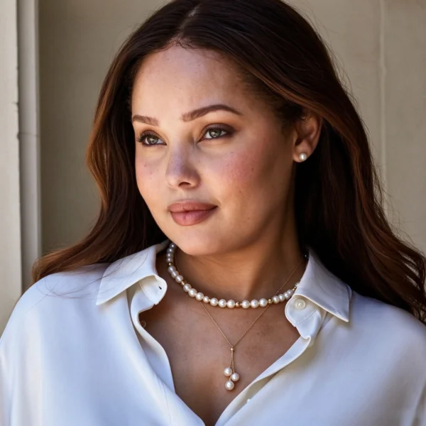 Woman wearing pearl jewelry with a white shirt