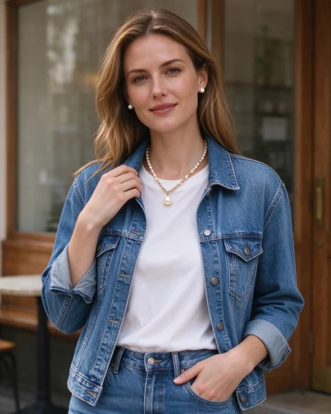 European woman wearing pearl earrings and a layered pearl necklace with a denim jacket and white T-shirt