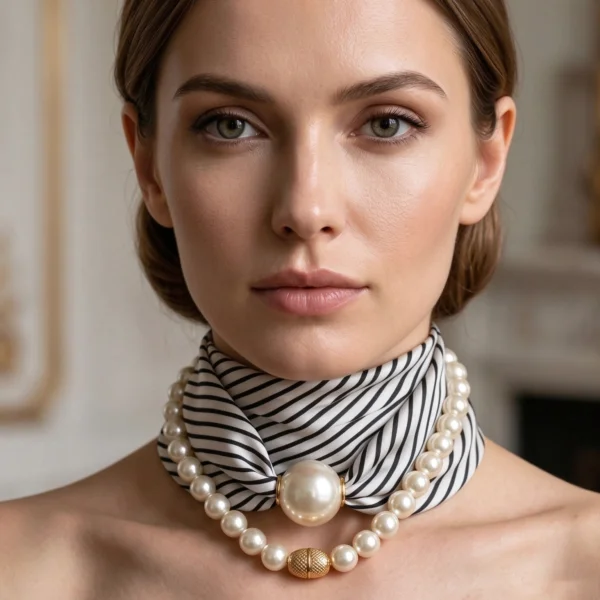 Woman wearing pearl necklaces with a striped scarf.