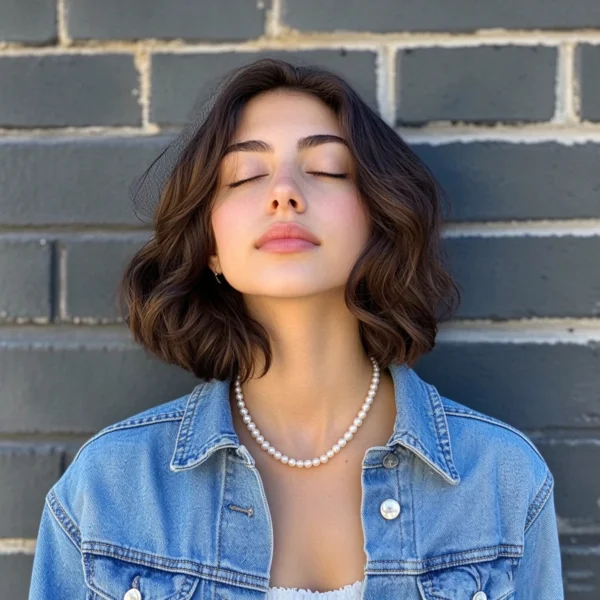 Woman wearing a pearl necklace with a denim jacket.